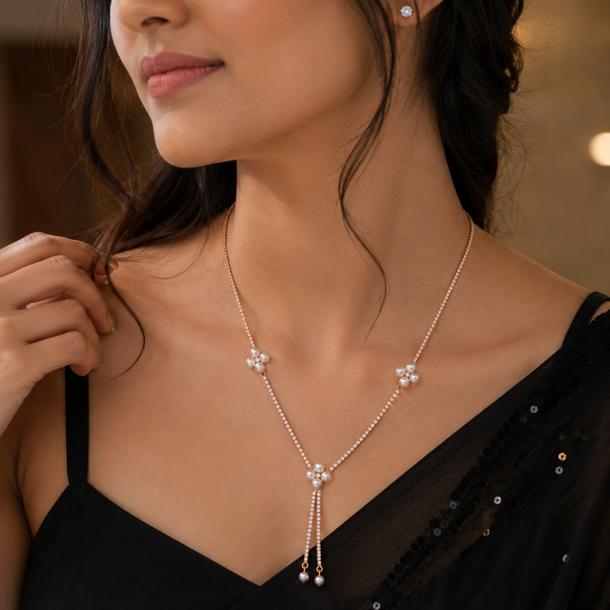 Rose-Gold Pearl Blossom Y-Drop Necklace